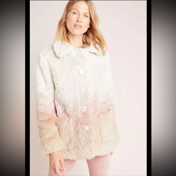 Anthropologie Womens Ivory Button Front Ombre Plush Faux Fur Coat Size M - Picture 2 of 16